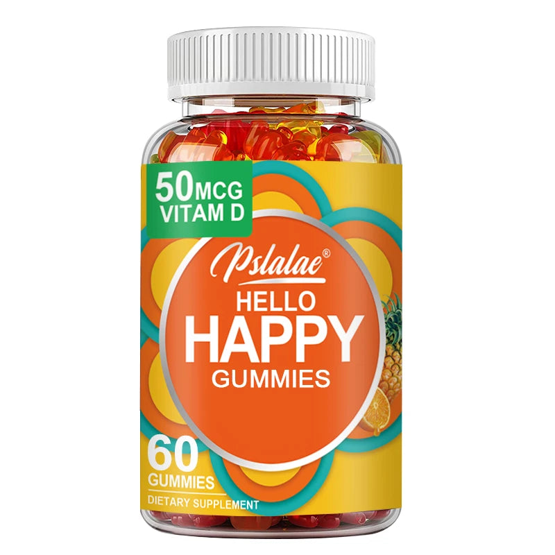Hello Happy Gummies - with Vitamin D, Saffron - Relieve Stress, Improve Mood, Stay Calm - 60 Gummies