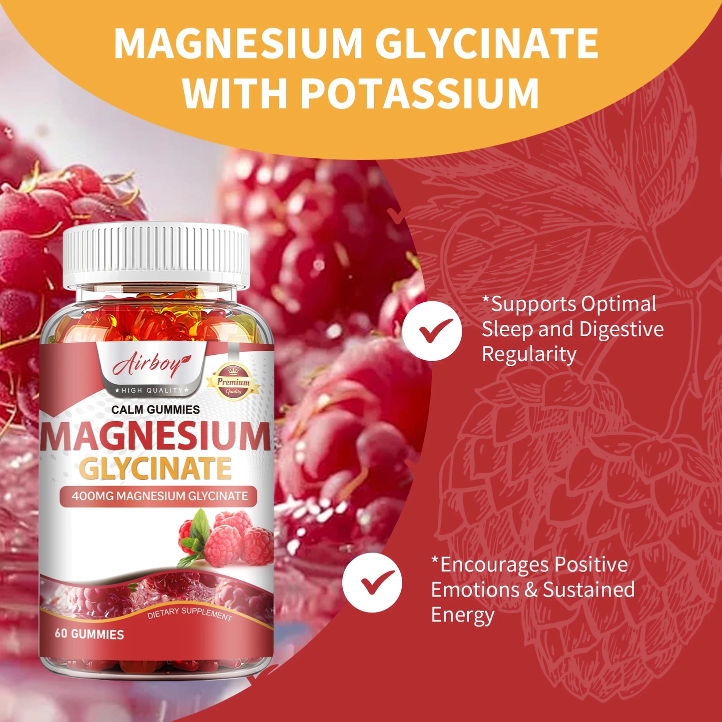 Magnesium Glycinate - Calm, Relieves Stress, Promotes Sleep, Support Memory, Concentration & Muscle Spasms - 60 Gummies