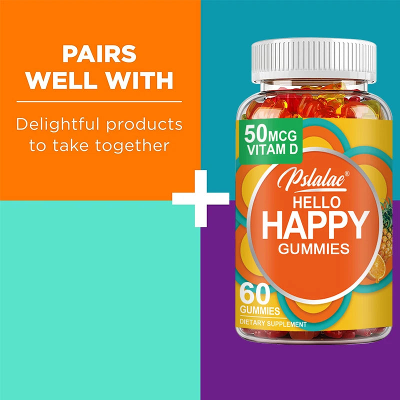 Hello Happy Gummies - with Vitamin D, Saffron - Relieve Stress, Improve Mood, Stay Calm - 60 Gummies