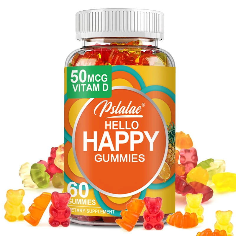 Hello Happy Gummies - with Vitamin D, Saffron - Relieve Stress, Improve Mood, Stay Calm - 60 Gummies