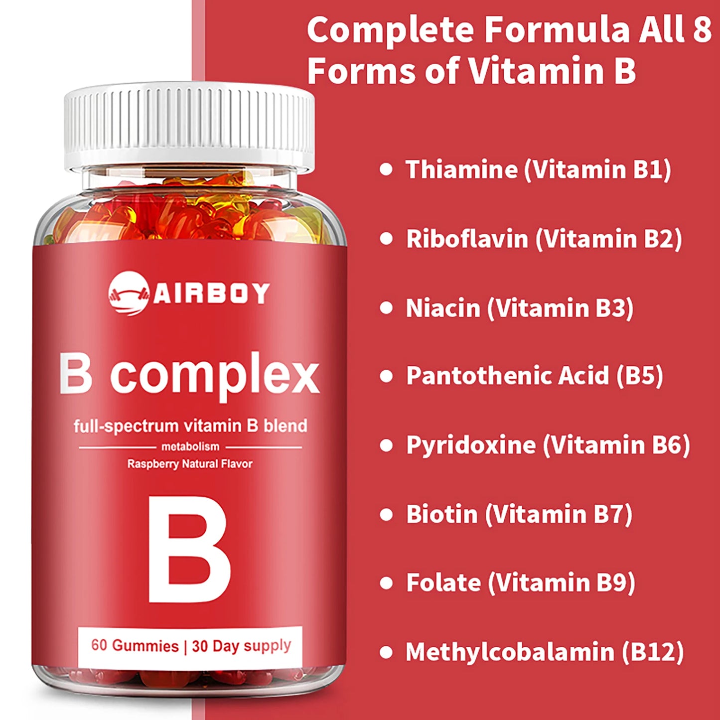 Vitamin B Complex - Boost Energy, Boost Metabolism, Improve Mood, Relieve Stress - 60 Gummies