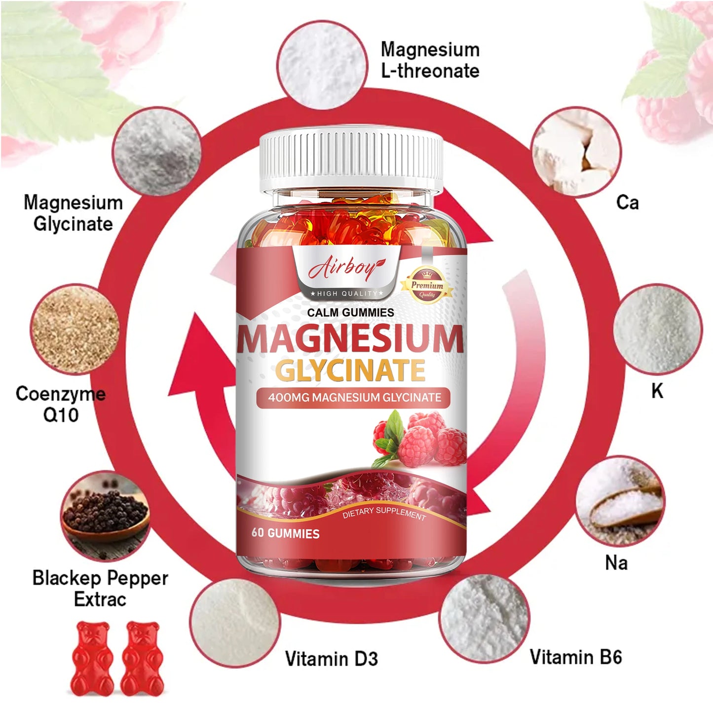 Magnesium Glycinate - Calm, Relieves Stress, Promotes Sleep, Support Memory, Concentration & Muscle Spasms - 60 Gummies
