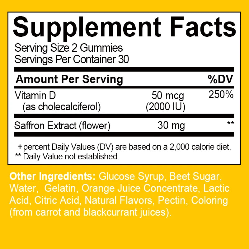 Hello Happy Gummies - with Vitamin D, Saffron - Relieve Stress, Improve Mood, Stay Calm - 60 Gummies