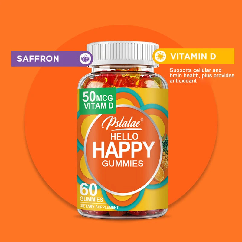 Hello Happy Gummies - with Vitamin D, Saffron - Relieve Stress, Improve Mood, Stay Calm - 60 Gummies
