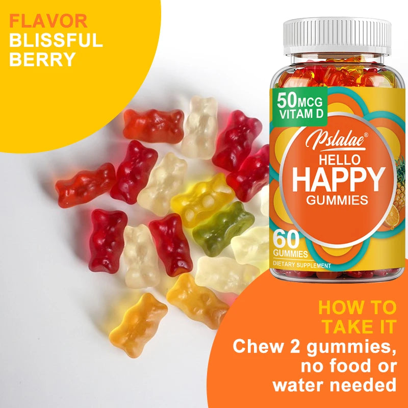 Hello Happy Gummies - with Vitamin D, Saffron - Relieve Stress, Improve Mood, Stay Calm - 60 Gummies