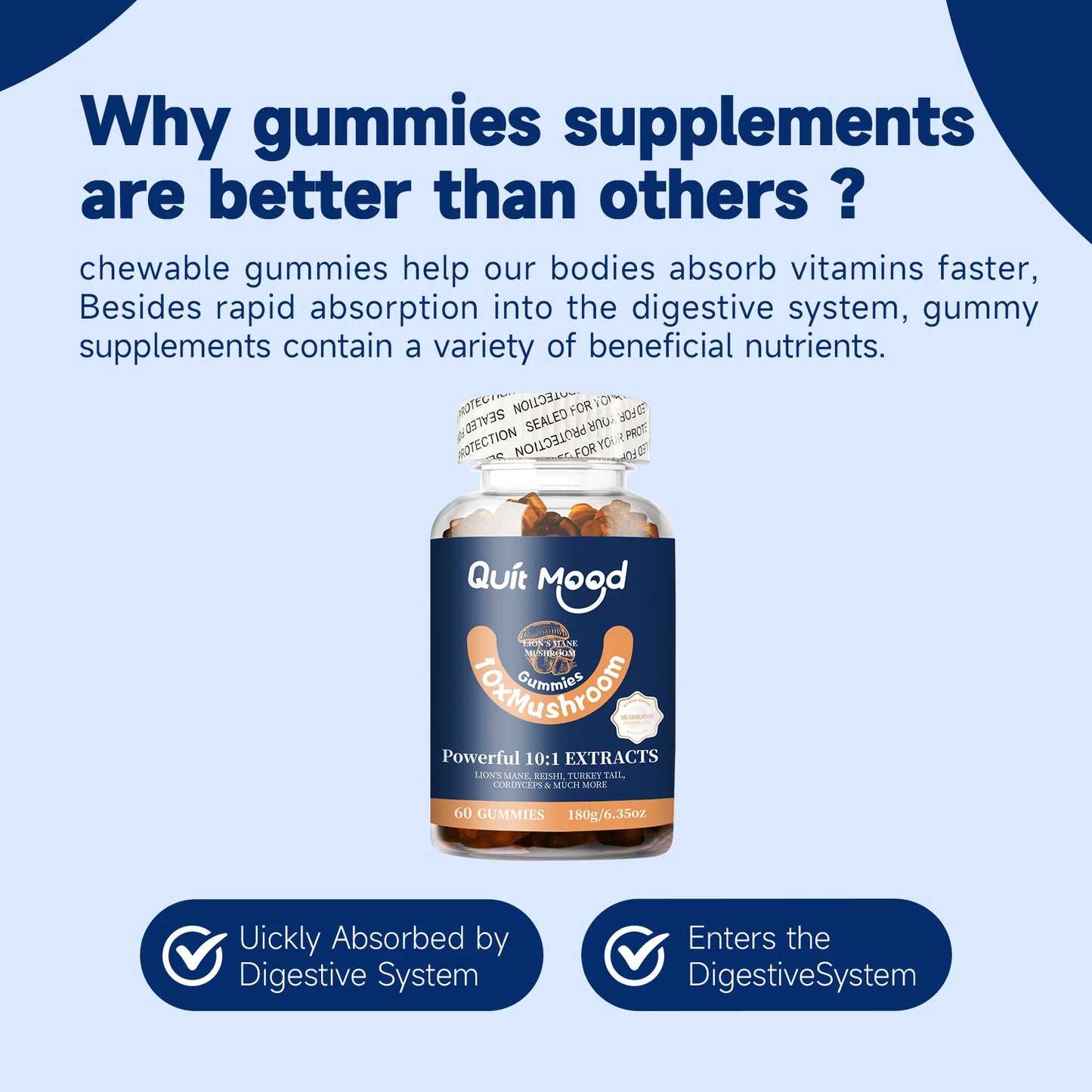 Quitmood Mushroom Gummies 10 Blend - Mushroom Complex 2500mg - Brain Booster, Immune Support, Energy - Mushroom Supplement for M